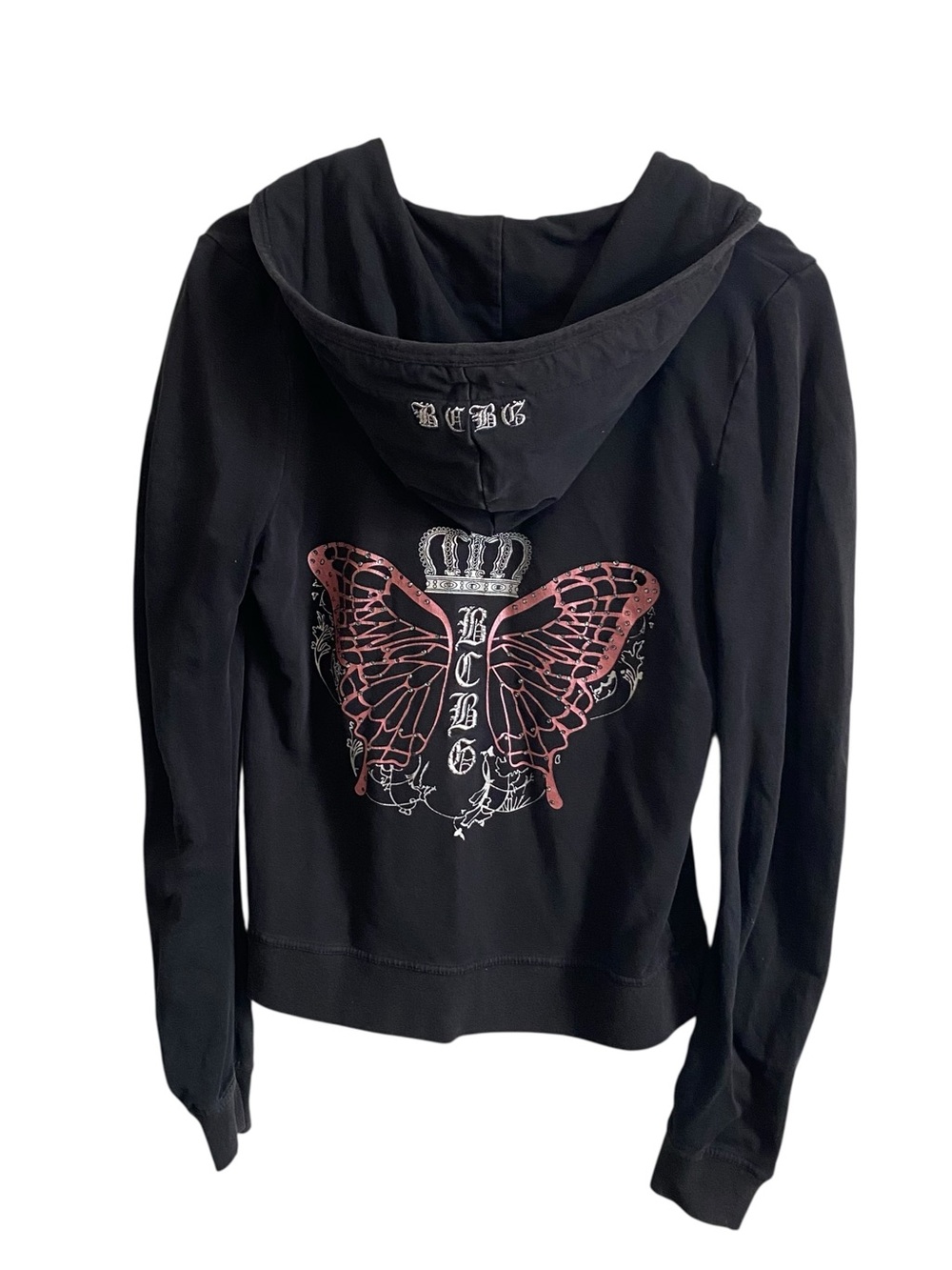 BCBG Y2k Black and Pink Bling Butterfly Crown Full Zip Hooded Jacket Size Medium